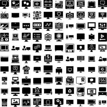 Collection Of 100 Monitor Icons Set Isolated Solid Silhouette Icons Including Business, Computer, Monitor, Screen, Isolated, Display, Technology Infographic Elements Vector Illustration Logo
