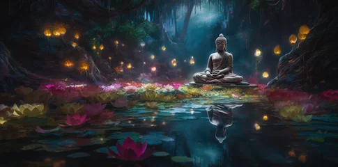  glowing Lotus flowers and gold buddha statue, generative AI   © Kien