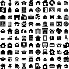 Collection Of 100 House Icons Set Isolated Solid Silhouette Icons Including Property, Building, Home, House, Estate, Residential, Architecture Infographic Elements Vector Illustration Logo