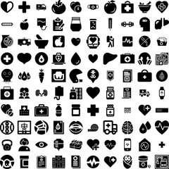 Collection Of 100 Health Icons Set Isolated Solid Silhouette Icons Including Health, People, Care, Medicine, Concept, Mental, Medical Infographic Elements Vector Illustration Logo