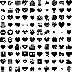 Collection Of 100 Heart Icons Set Isolated Solid Silhouette Icons Including Background, Icon, Valentine, Heart, Symbol, Love, Vector Infographic Elements Vector Illustration Logo
