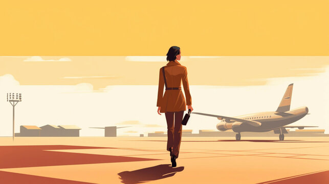 Generative A.I. illustration of a woman walking towards an airplane on the tarmac, 60's style, copy space, aviation theme, old-fashioned, retro, airport, outdoors
