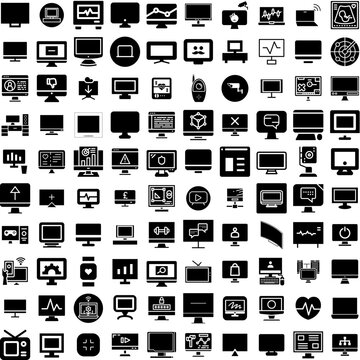 Collection Of 100 Monitor Icons Set Isolated Solid Silhouette Icons Including Screen, Technology, Isolated, Computer, Monitor, Display, Business Infographic Elements Vector Illustration Logo