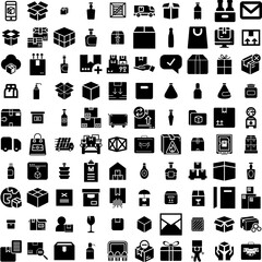Collection Of 100 Package Icons Set Isolated Solid Silhouette Icons Including Pack, Product, Packaging, Package, Vector, Box, Set Infographic Elements Vector Illustration Logo
