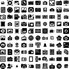 Collection Of 100 Photo Icons Set Isolated Solid Silhouette Icons Including Paper, Blank, Retro, Design, Photo, Frame, Picture Infographic Elements Vector Illustration Logo