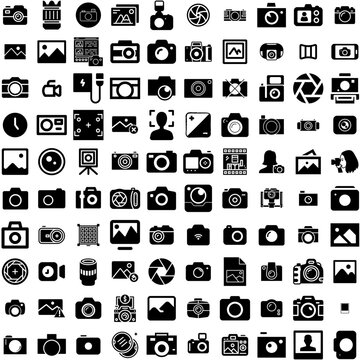 Collection Of 100 Photography Icons Set Isolated Solid Silhouette Icons Including Photographer, Lens, Photo, Camera, Equipment, Photography, Technology Infographic Elements Vector Illustration Logo