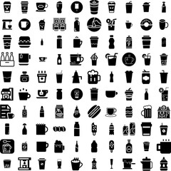 Collection Of 100 Beverage Icons Set Isolated Solid Silhouette Icons Including Drink, Food, Glass, Fruit, Beverage, Cocktail, Juice Infographic Elements Vector Illustration Logo