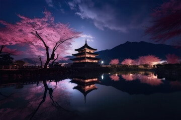 Obraz na płótnie Canvas Castle in the night cherry blossoms on background