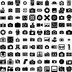 Collection Of 100 Photography Icons Set Isolated Solid Silhouette Icons Including Technology, Camera, Photographer, Photo, Lens, Equipment, Photography Infographic Elements Vector Illustration Logo