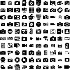 Collection Of 100 Camera Icons Set Isolated Solid Silhouette Icons Including Photo, Photography, Camera, Lens, Digital, Equipment, Illustration Infographic Elements Vector Illustration Logo
