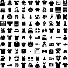 Collection Of 100 Clothing Icons Set Isolated Solid Silhouette Icons Including Clothes, Cloth, Style, Fabric, Background, Clothing, Fashion Infographic Elements Vector Illustration Logo