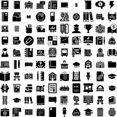 Collection Of 100 Education Icons Set Isolated Solid Silhouette Icons Including School, Icon, Knowledge, University, Education, Book, Student Infographic Elements Vector Illustration Logo