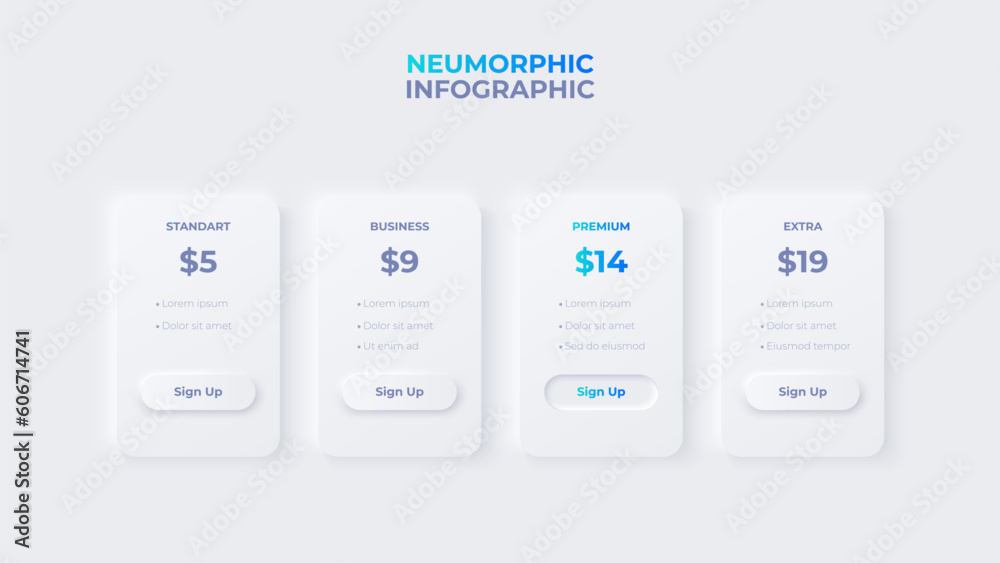 Poster Neumorphism price table concept. Pricing or subscription plan ui web elements