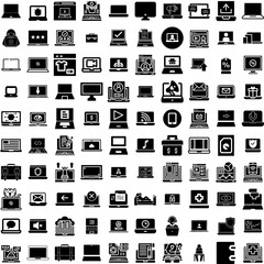 Collection Of 100 Laptop Icons Set Isolated Solid Silhouette Icons Including Screen, Notebook, Laptop, Computer, Isolated, Technology, Digital Infographic Elements Vector Illustration Logo