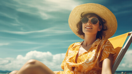 A beautiful woman on the beach, sunshine, summertime,  generative ai