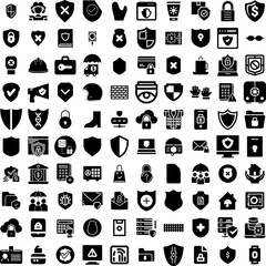 Collection Of 100 Protection Icons Set Isolated Solid Silhouette Icons Including Shield, Safety, Technology, Protect, Secure, Concept, Protection Infographic Elements Vector Illustration Logo