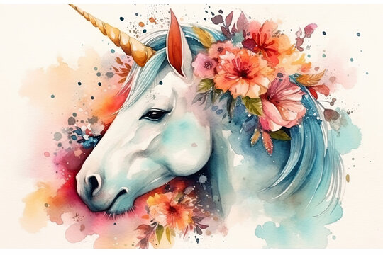 Unicorn with a wreath of flowers. White Horse. Watercolor. Generative AI Illustration.