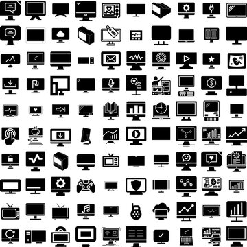 Collection Of 100 Monitor Icons Set Isolated Solid Silhouette Icons Including Isolated, Computer, Screen, Monitor, Display, Technology, Business Infographic Elements Vector Illustration Logo
