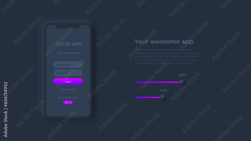 Poster Smartphone with login form for app development. Concept of mobile application. Dark neumorphic design mockup
