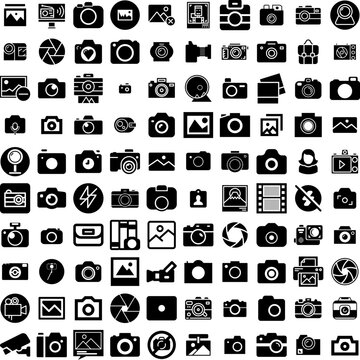 Collection Of 100 Photography Icons Set Isolated Solid Silhouette Icons Including Technology, Lens, Equipment, Photo, Camera, Photography, Photographer Infographic Elements Vector Illustration Logo