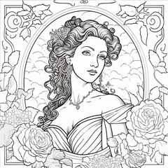 Vintage portrait queen illustration coloring book black and white for adults and kids isolated line art on white background. Royal engraving.