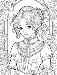 Fototapeta na wymiar Vintage portrait queen illustration coloring book black and white for adults and kids isolated line art on white background. Royal engraving.