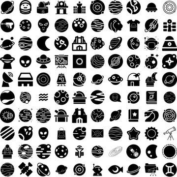 Collection Of 100 Astronomy Icons Set Isolated Solid Silhouette Icons Including Sky, Space, Night, Cosmos, Astronomy, Universe, Science Infographic Elements Vector Illustration Logo