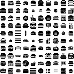 Collection Of 100 Burger Icons Set Isolated Solid Silhouette Icons Including Hamburger, Burger, Cheese, Food, Meal, Meat, Sandwich Infographic Elements Vector Illustration Logo