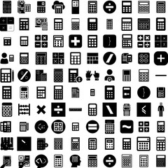 Collection Of 100 Calculate Icons Set Isolated Solid Silhouette Icons Including Financial, Business, Calculate, Tax, Finance, Money, Accounting Infographic Elements Vector Illustration Logo