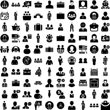Collection Of 100 Businessman Icons Set Isolated Solid Silhouette Icons Including People, Businessman, Business, Professional, Man, Office, Male Infographic Elements Vector Illustration Logo