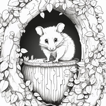 Mouse illustration coloring book black and white for kids and adults isolated line art on white background.