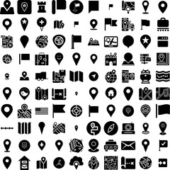 Collection Of 100 Destination Icons Set Isolated Solid Silhouette Icons Including Location, Tourism, Map, Symbol, Icon, Destination, Travel Infographic Elements Vector Illustration Logo