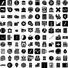 Collection Of 100 Economy Icons Set Isolated Solid Silhouette Icons Including Technology, Business, Circular, Environmental, Global, Ecology, Economy Infographic Elements Vector Illustration Logo