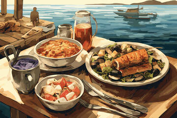 Traditional Greek Meal by the Aegean Sea, Generative AI