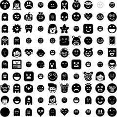 Collection Of 100 Emoji Icons Set Isolated Solid Silhouette Icons Including Vector, Emoticon, Sign, Isolated, Symbol, Face, Icon Infographic Elements Vector Illustration Logo