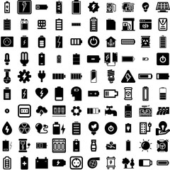 Collection Of 100 Energy Icons Set Isolated Solid Silhouette Icons Including Power, Ecology, Green, Environment, Electricity, Electric, Energy Infographic Elements Vector Illustration Logo