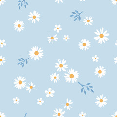 Seamless pattern with daisy camomiles flower on blue background vector.