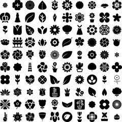 Collection Of 100 Floral Icons Set Isolated Solid Silhouette Icons Including Floral, Plant, Illustration, Leaf, Design, Vintage, Background Infographic Elements Vector Illustration Logo
