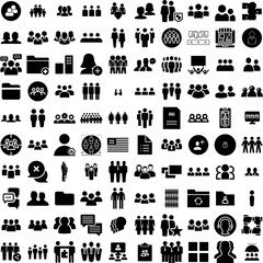 Collection Of 100 Group Icons Set Isolated Solid Silhouette Icons Including Happy, Together, People, Friendship, Community, Group, Team Infographic Elements Vector Illustration Logo