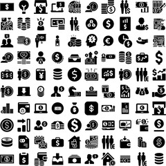 Collection Of 100 Income Icons Set Isolated Solid Silhouette Icons Including Finance, Income, Money, Business, Investment, Pay, Financial Infographic Elements Vector Illustration Logo