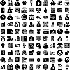 Collection Of 100 Investment Icons Set Isolated Solid Silhouette Icons Including Investment, Financial, Profit, Finance, Business, Growth, Money Infographic Elements Vector Illustration Logo