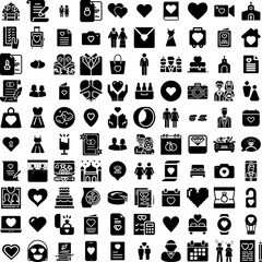 Collection Of 100 Marriage Icons Set Isolated Solid Silhouette Icons Including Woman, Marriage, Wedding, Celebration, Love, Couple, Bride Infographic Elements Vector Illustration Logo