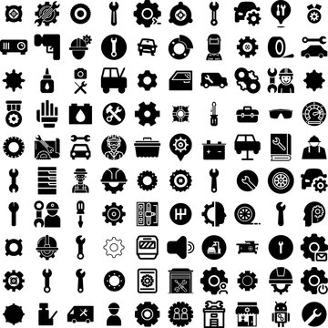 Collection Of 100 Mechanic Icons Set Isolated Solid Silhouette Icons Including Maintenance, Job, Mechanic, Service, Technician, Auto, Repair Infographic Elements Vector Illustration Logo