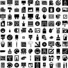 Collection Of 100 Painting Icons Set Isolated Solid Silhouette Icons Including Abstract, Creative, Art, Decoration, Artwork, Canvas, Artistic Infographic Elements Vector Illustration Logo