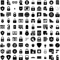 Collection Of 100 Privacy Icons Set Isolated Solid Silhouette Icons Including Information, Internet, Security, Digital, Privacy, Cyber, Technology Infographic Elements Vector Illustration Logo