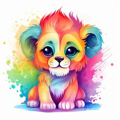 Obraz premium Baby lion playing bundle illustration. Colorful lion cub collection on a white background. Playful baby lion set with color splashes. Baby lion with colorful fur sitting illustration. Generative AI.
