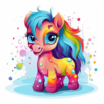 Playful horse baby set illustration for kids. Colorful baby horse with long hair playing on a white background. Playful horse baby design for kids coloring page. Generative AI.