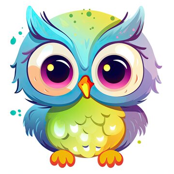 Colorful owlet sitting set illustration. Cute owlet collection sitting on a white background. Baby owl with cute eyes and colorful feathers. Owlet sitting set design. Generative AI.