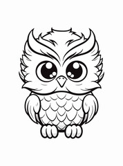 Owl logo mascot illustration coloring book black and white for adults and kids isolated line art on white background.