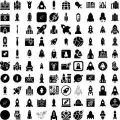 Collection Of 100 Rocket Icons Set Isolated Solid Silhouette Icons Including Spaceship, Space, Ship, Technology, Science, Rocket, Launch Infographic Elements Vector Illustration Logo